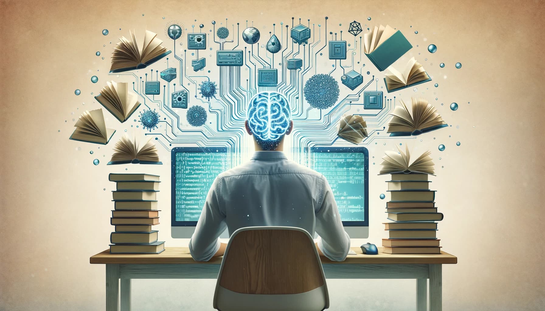 An image of a programmer harnessing the power of artifical intelligence while looking at a computer with books flying open around him